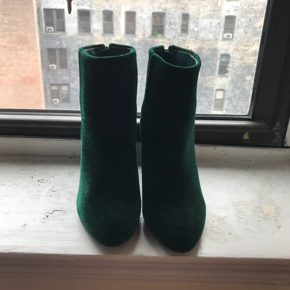 Emerald green velvet booties